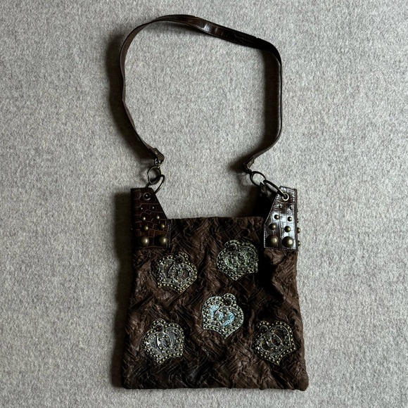 Y2K Brown Utility Brass Studded Grunge Festival Leather Purse Belt L UK 16/18